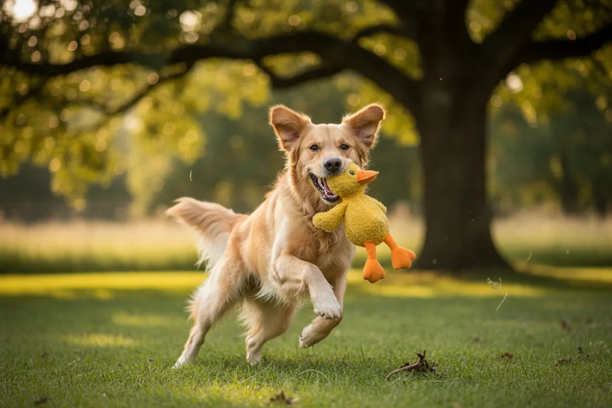 peluche canard  mordu par le chien entrain de s'amuser